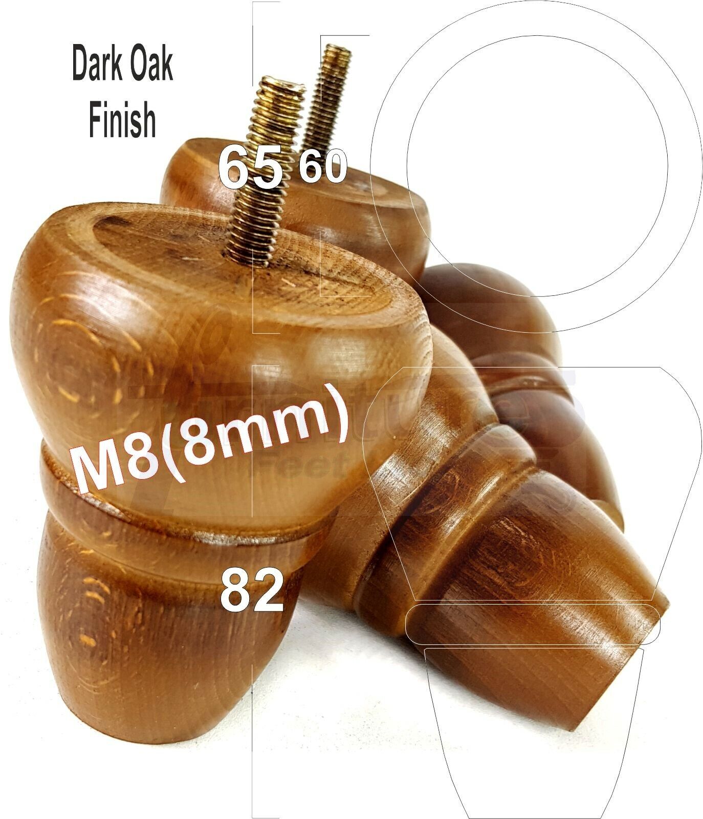 4x Turned Wood Repacement Furniture Legs M8 Sofa Chair Settee Feet 82mm