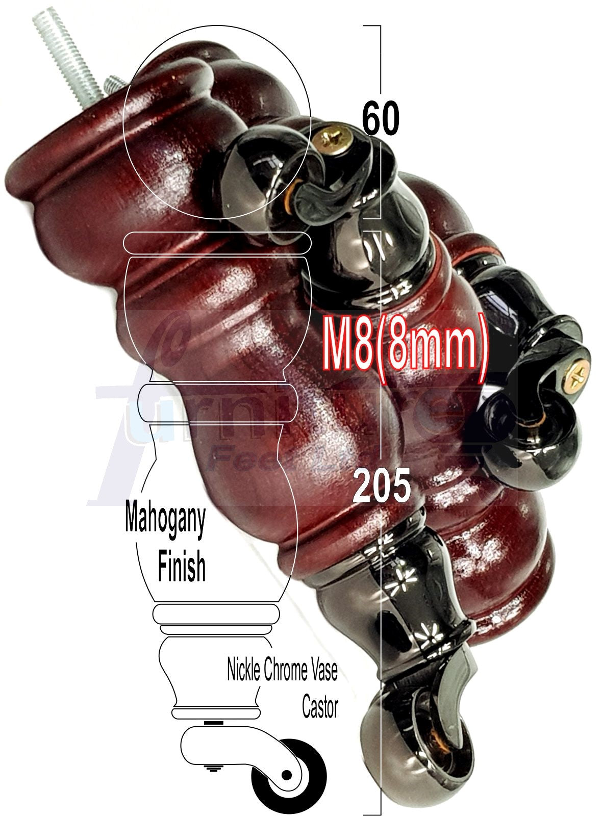Solid Wood Furniture Feet With Castors Set of 4 Legs 205mm High For Sofas Chairs Cabinets & Beds M8 Mahogany Finish