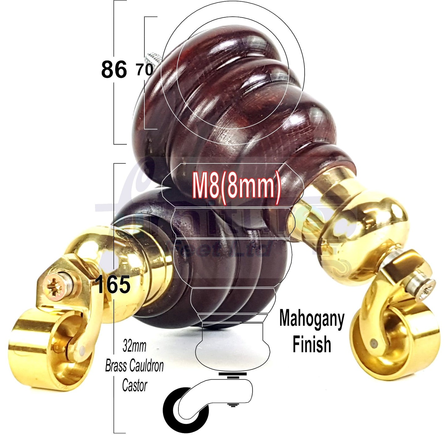 4 Turned Wood Furniture Feet With Brass Cauldron Castors 160mm Legs Sofas Chairs Stools Cabinets Beds M8 6 Inches