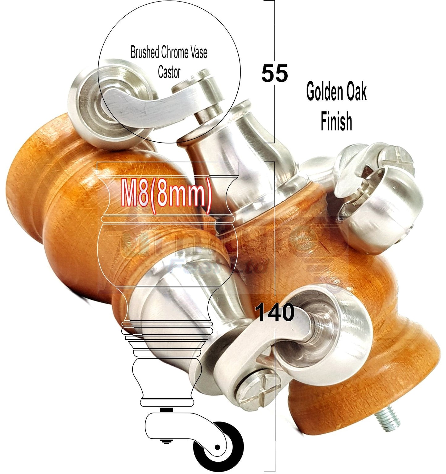 Set Of 4 Turned Wood Furniture Legs With 150mm High Castor 8mm Thread For Chairs Settees & Cabinets Golden Oak Finish