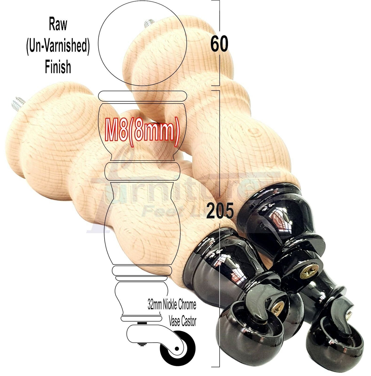 4x Furniture Feet With Castor 205mm High Legs Raw Wood M8 Sofas Chairs Stools Cabinets 8 Inches Tall