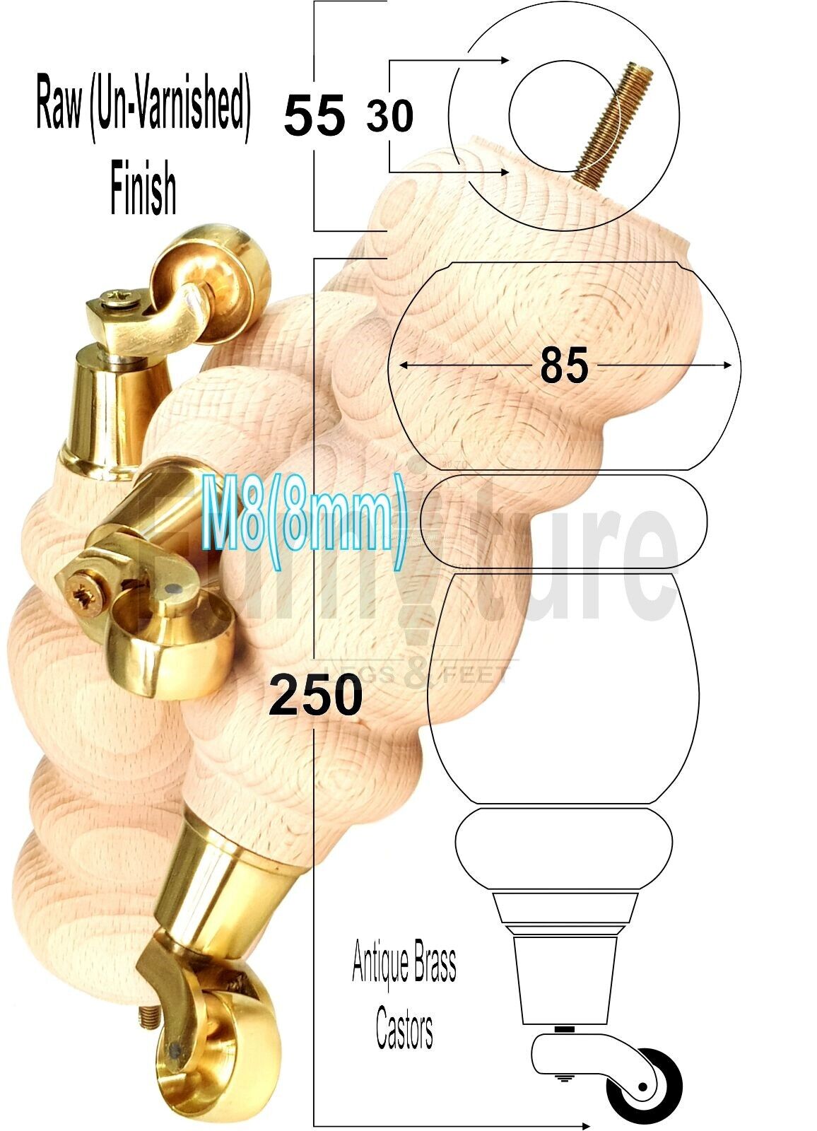 4x Turned Wood Furniture Brass Castor Leg M8 Replacement Feet Chairs Stools Sofa 250mm