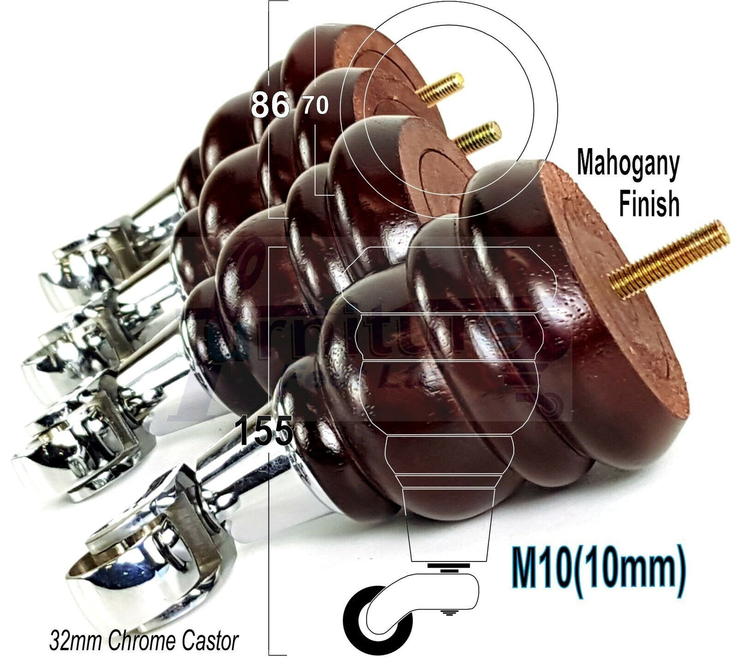 4 Mahogany Turned Wood Furniture Feet With Castors 155mm Legs Sofas Chairs Stools Cabinets Beds M10 6 Inches