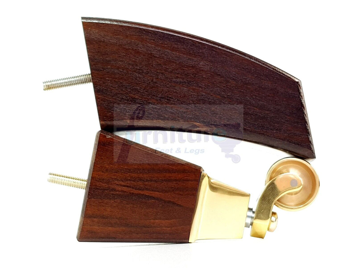 2x Cuved Wood Furniture Legs & 2x Brass Castor Feet 150mm High For Chairs Sofas Settees 8mm Thread