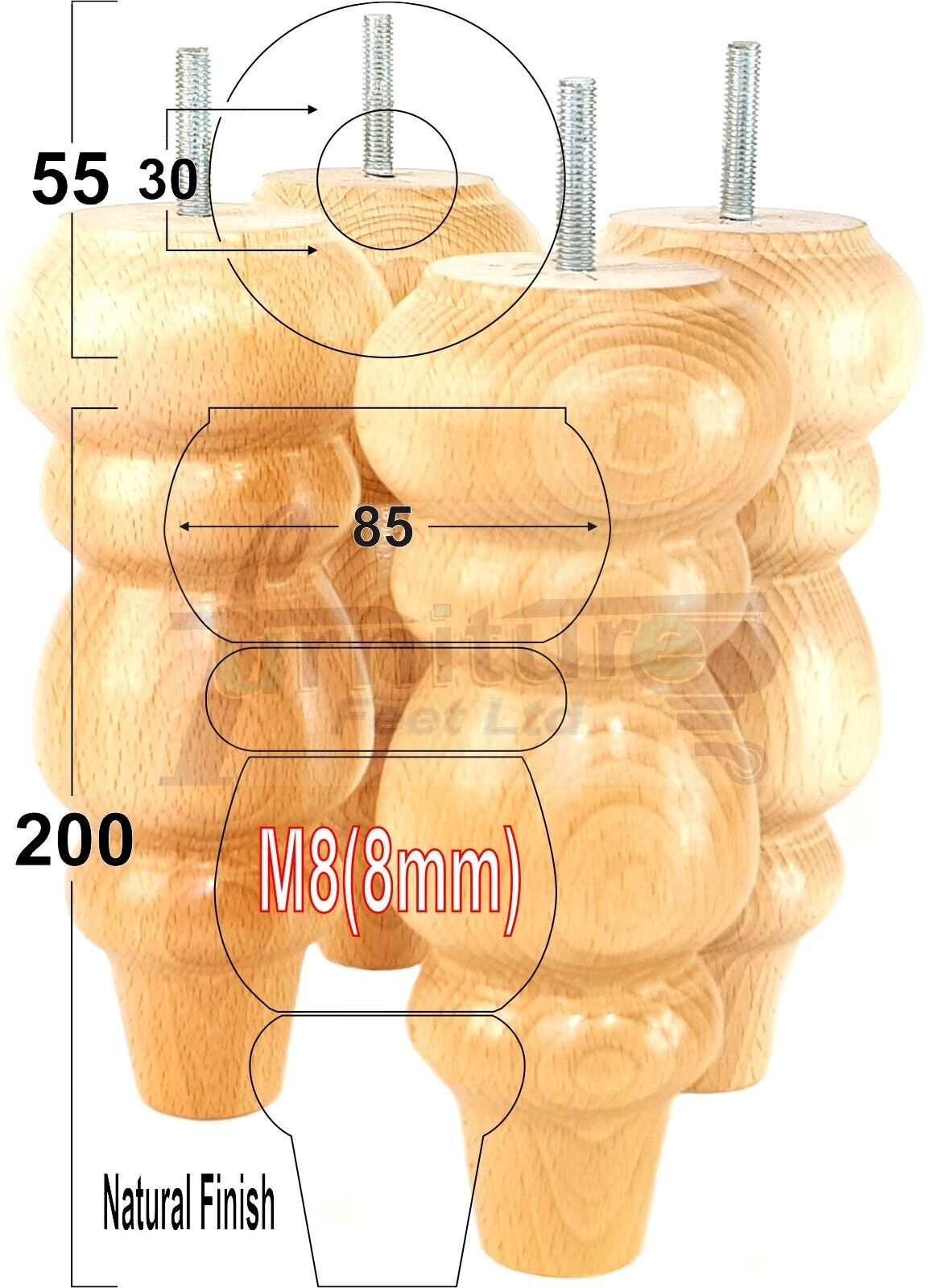 4 Solid Wood Furniture Legs Replacement Turned Chair Feet 200mm High M8 Threaded Dowl