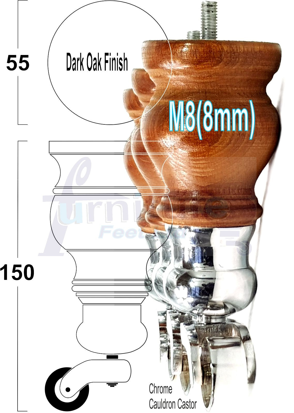 Set Of 4 Turned Wood Furniture Legs With 150mm High Castor 8mm Thread For Chairs Settees & Cabinets Dark Oak Finish