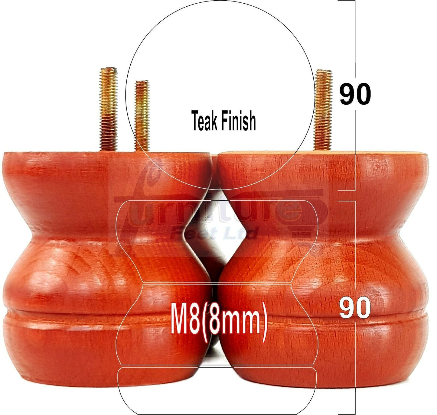 4x Turned Solid Wood Furniture Legs Replacement Bun Feet 90mm High 8mm Thread