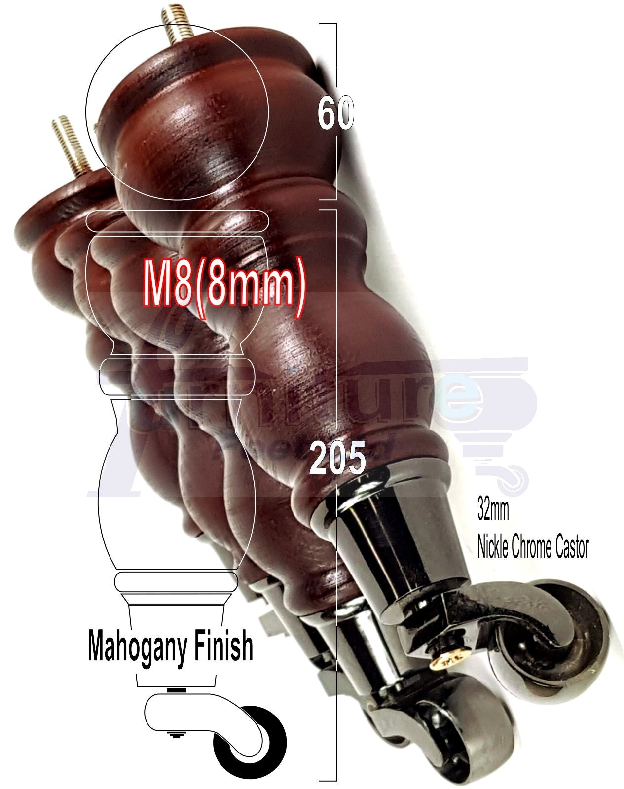 Solid Wood Furniture Feet With Castors Set of 4 Legs 205mm High For Sofas Chairs Cabinets & Beds M8 Mahogany Finish