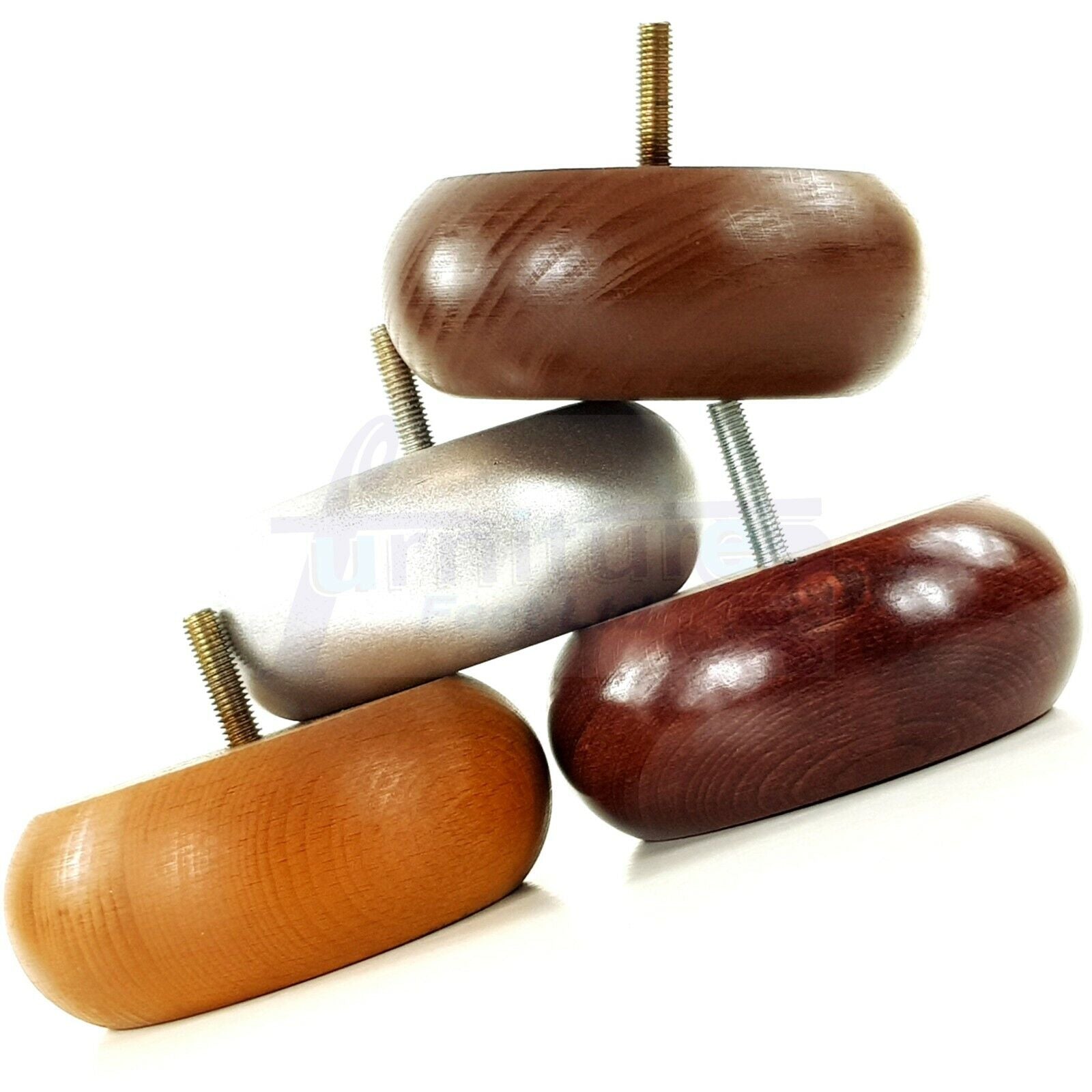 Set Of 4 Turned Wood Furniture Legs Chair Sofa Bed Replacement Bun Feet 40mm High M10 Thread