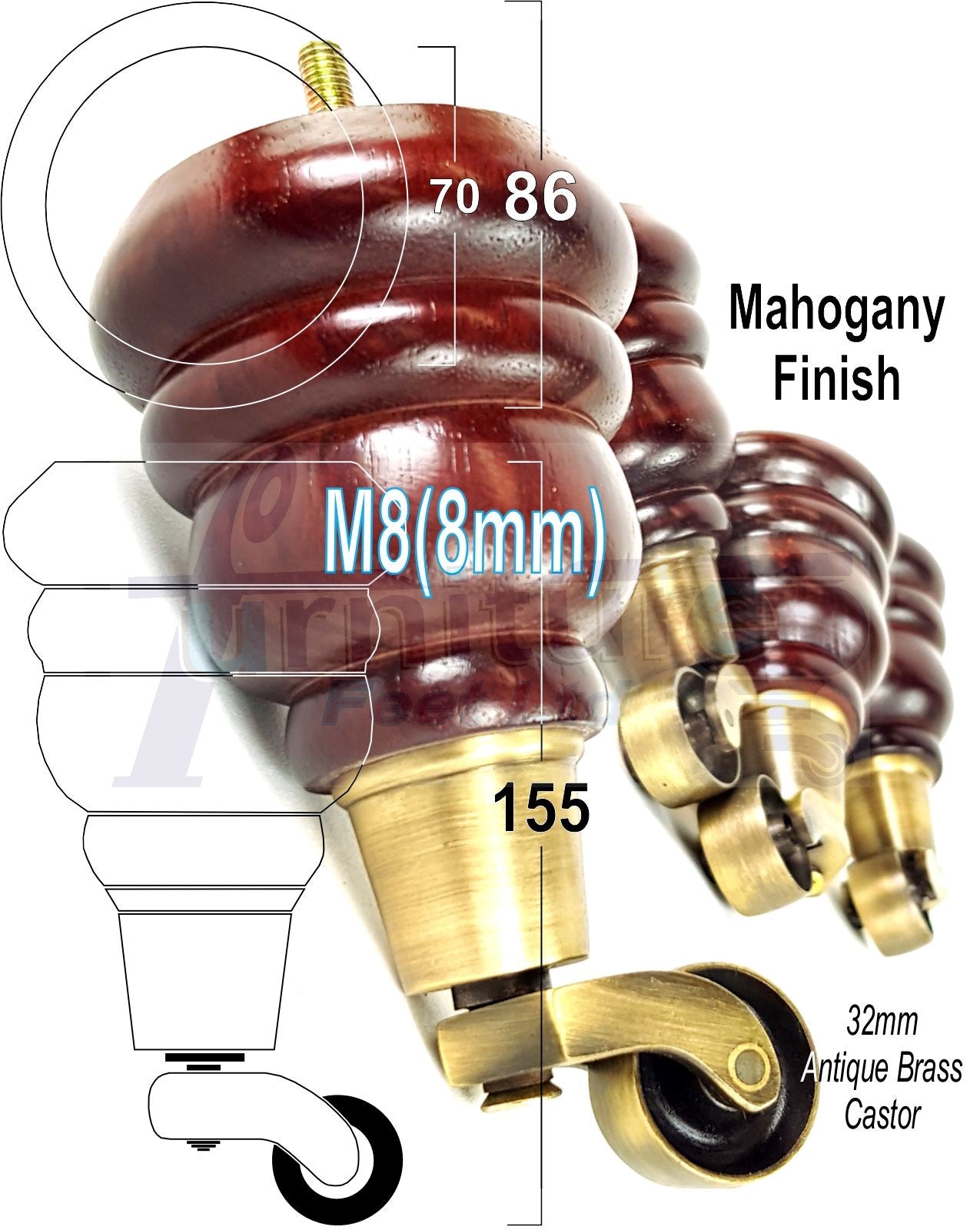 4 Turned Wood Furniture Feet With Antique Brass Castors 155mm Legs Sofas Chairs Stools Cabinets Beds M8 6 Inches