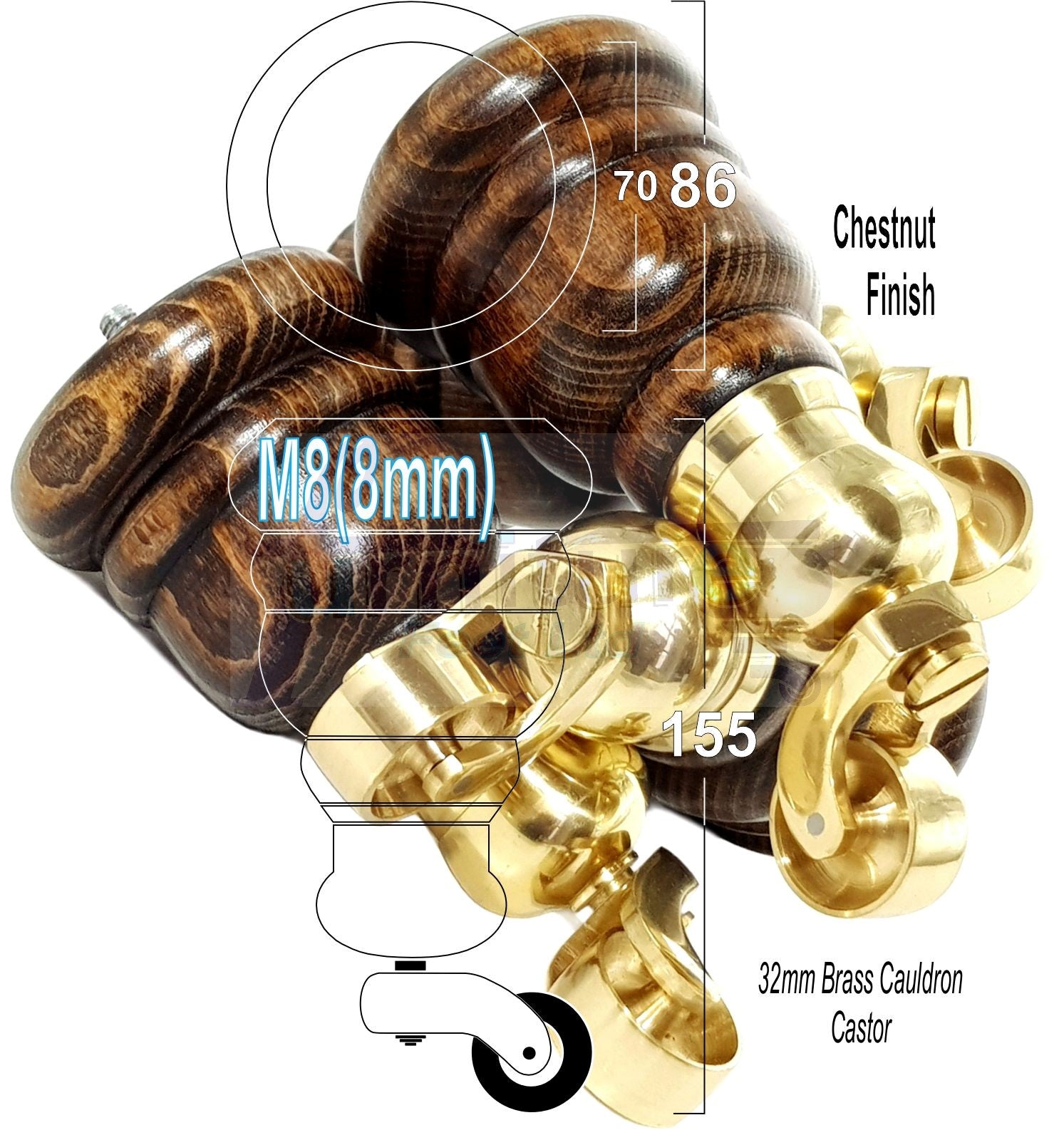 4 Turned Wood Furniture Feet With Brass Cauldron Castors 160mm Legs Sofas Chairs Stools Cabinets Beds M8 6 Inches