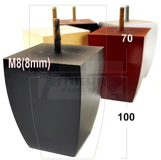 Set Of 4 Solid Wood Square Block Furniture Feet Replacement Legs 100mm High M8(8mm)