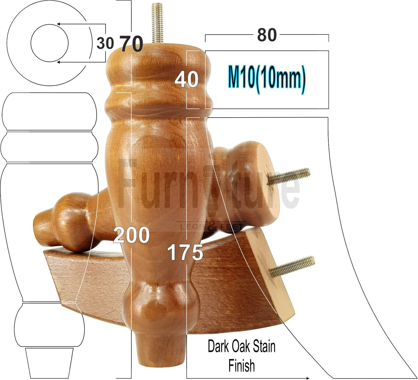 2x Furniture Legs Replacement Sofa Feet 200mm & 2x Curved Legs 175mm for Chairs Sofa Settee M10 Thread