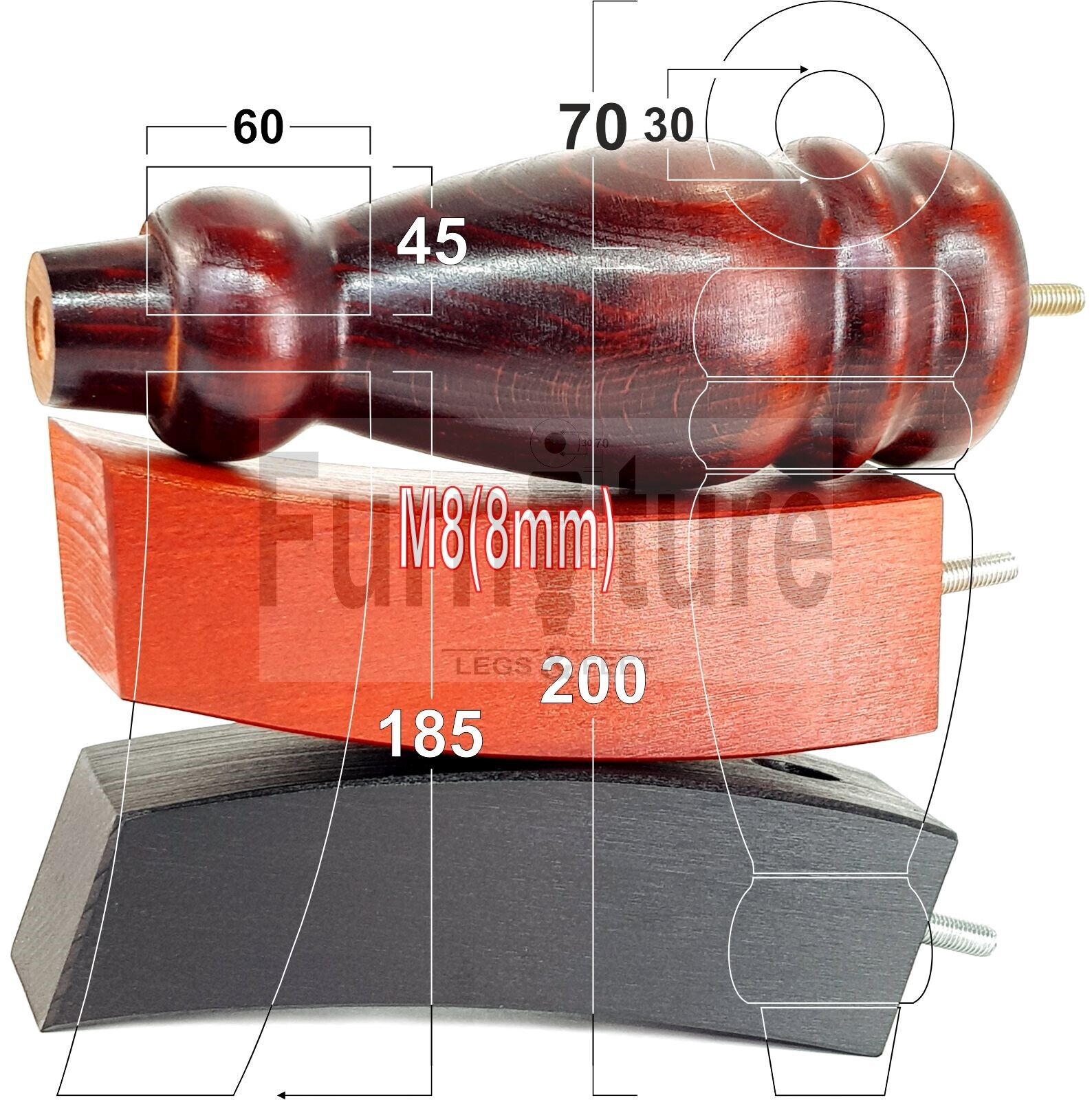 2 Traditional Turned Furniture Feet Replacement Sofa Legs 200mm & 2 Curved Back Legs 185mm for Chairs Stools Sofa Beds Settee Cabinets M8