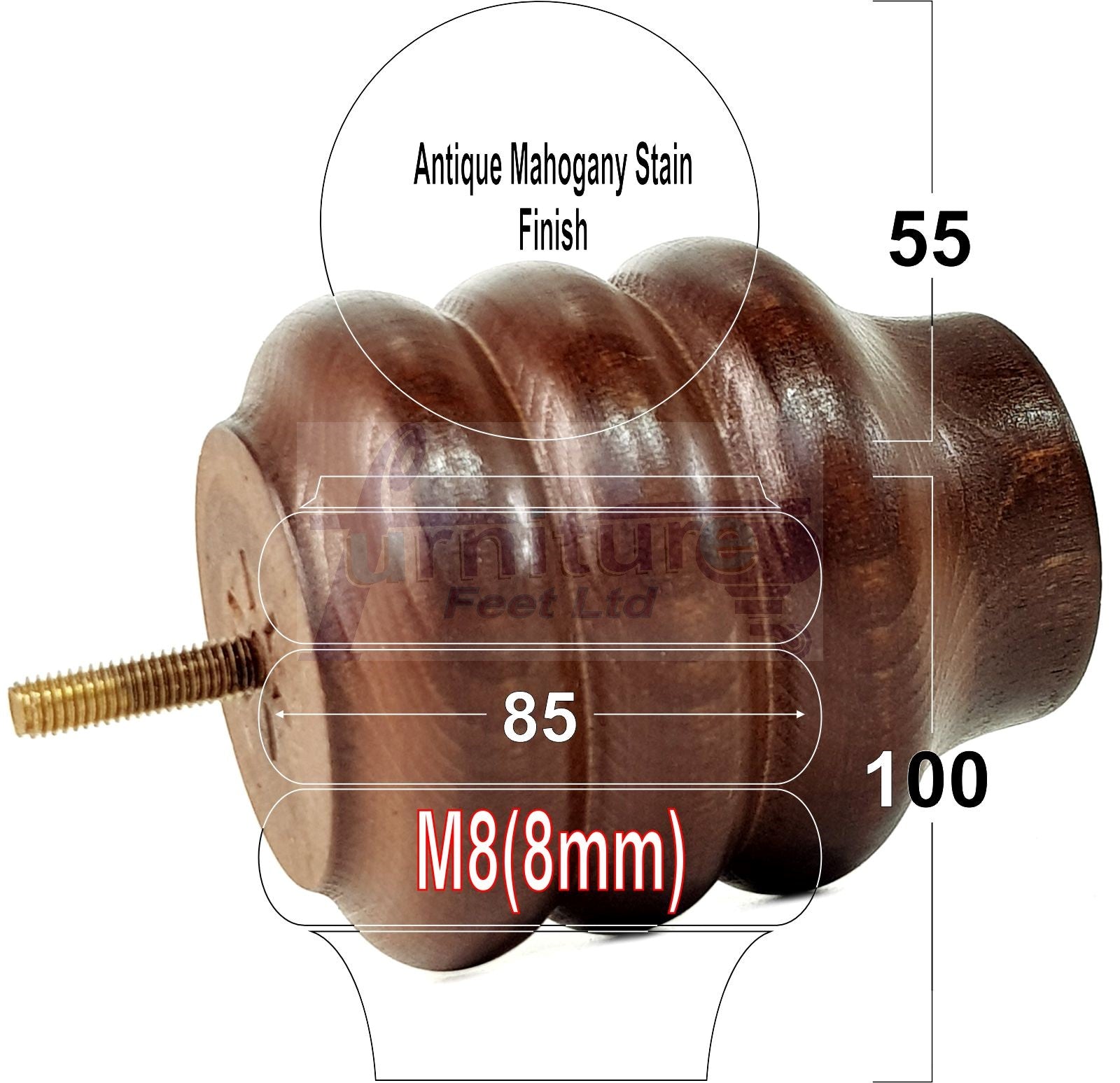 Set Of 4 Solid Wood Turned Furniture Legs Replacement Bun Feet 100mm High 8mm Thread