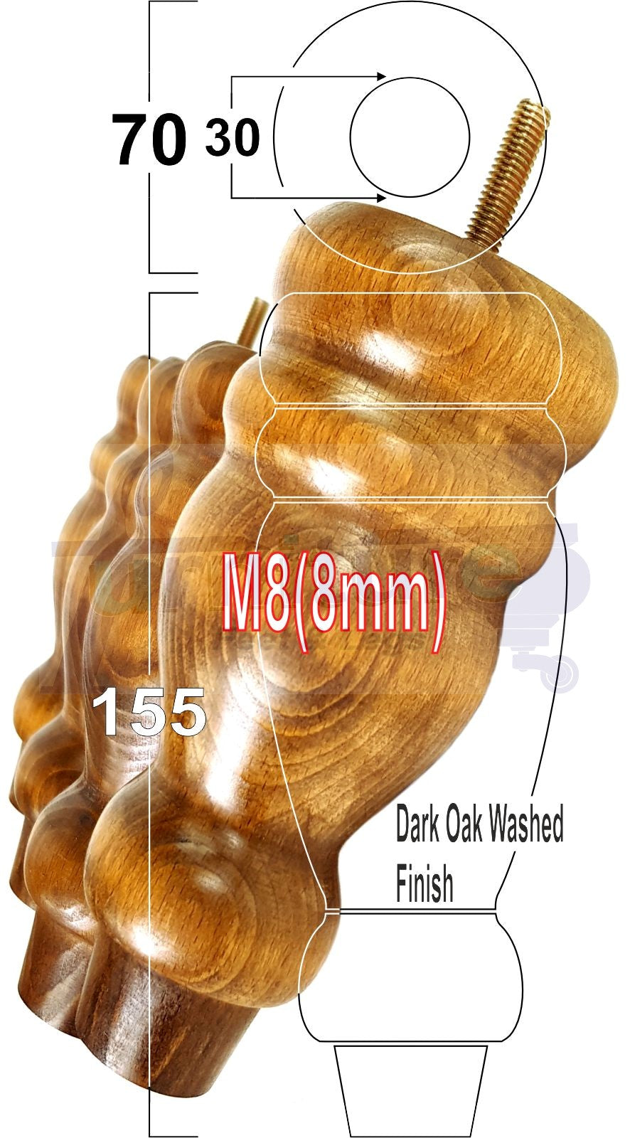 Set Of 4 Turned Wood Furniture Replacement Feet 155mm High 8mm Tread