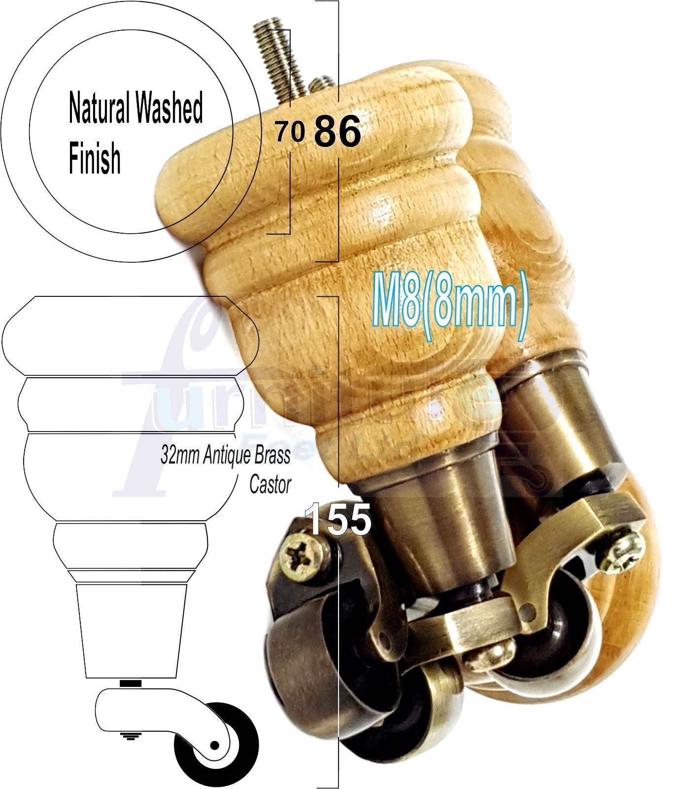 4 Turned Wood Furniture Feet With Antique Brass Castors 155mm Legs Sofas Chairs Stools Cabinets Beds M8 6 Inches