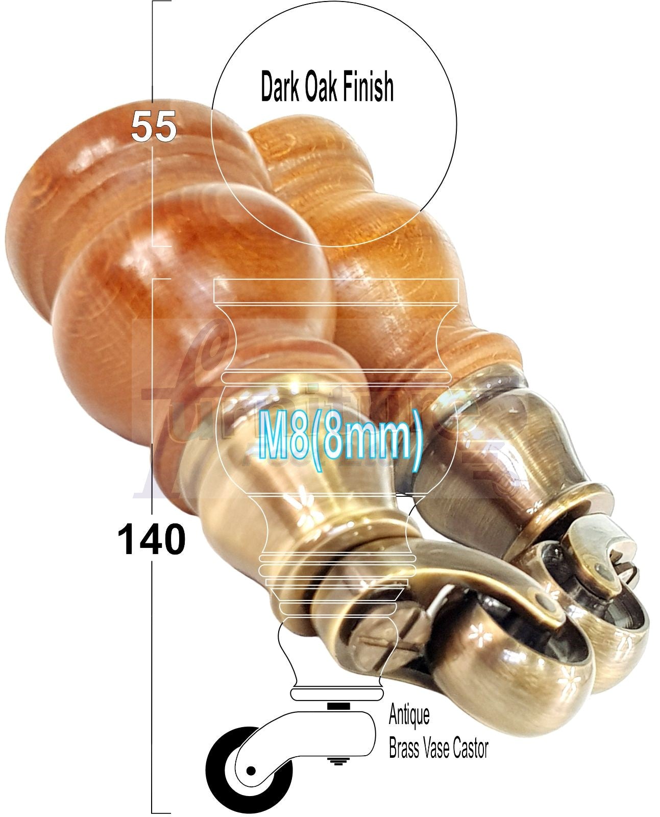 Set Of 4 Turned Wood Furniture Legs With 150mm High Castor 8mm Thread For Chairs Settees & Cabinets Dark Oak Finish