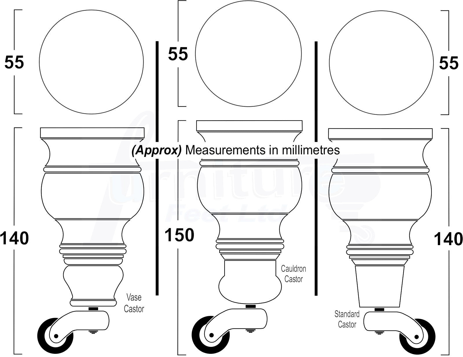 Set Of 4 Turned Wood Furniture Legs With 150mm High Castor 8mm Thread For Chairs Settees & Cabinets Golden Oak Finish