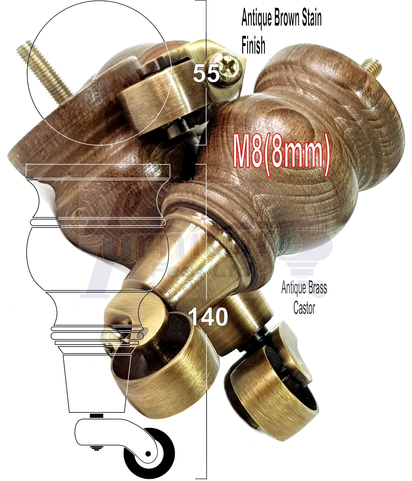 4x Turned Wood Furniture Legs With Antique Castor 150mm High M8 For Settees Chairs & Cabinets
