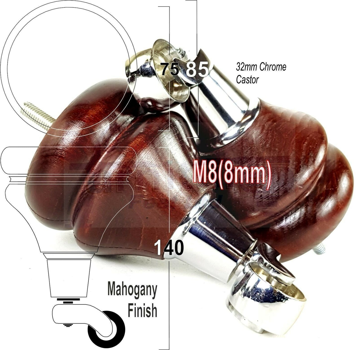 Set Of 2 Turned Furniture Wood Feet With Castors 140mm Sofas Chairs Settee Cabinets Beds M8(8mm)