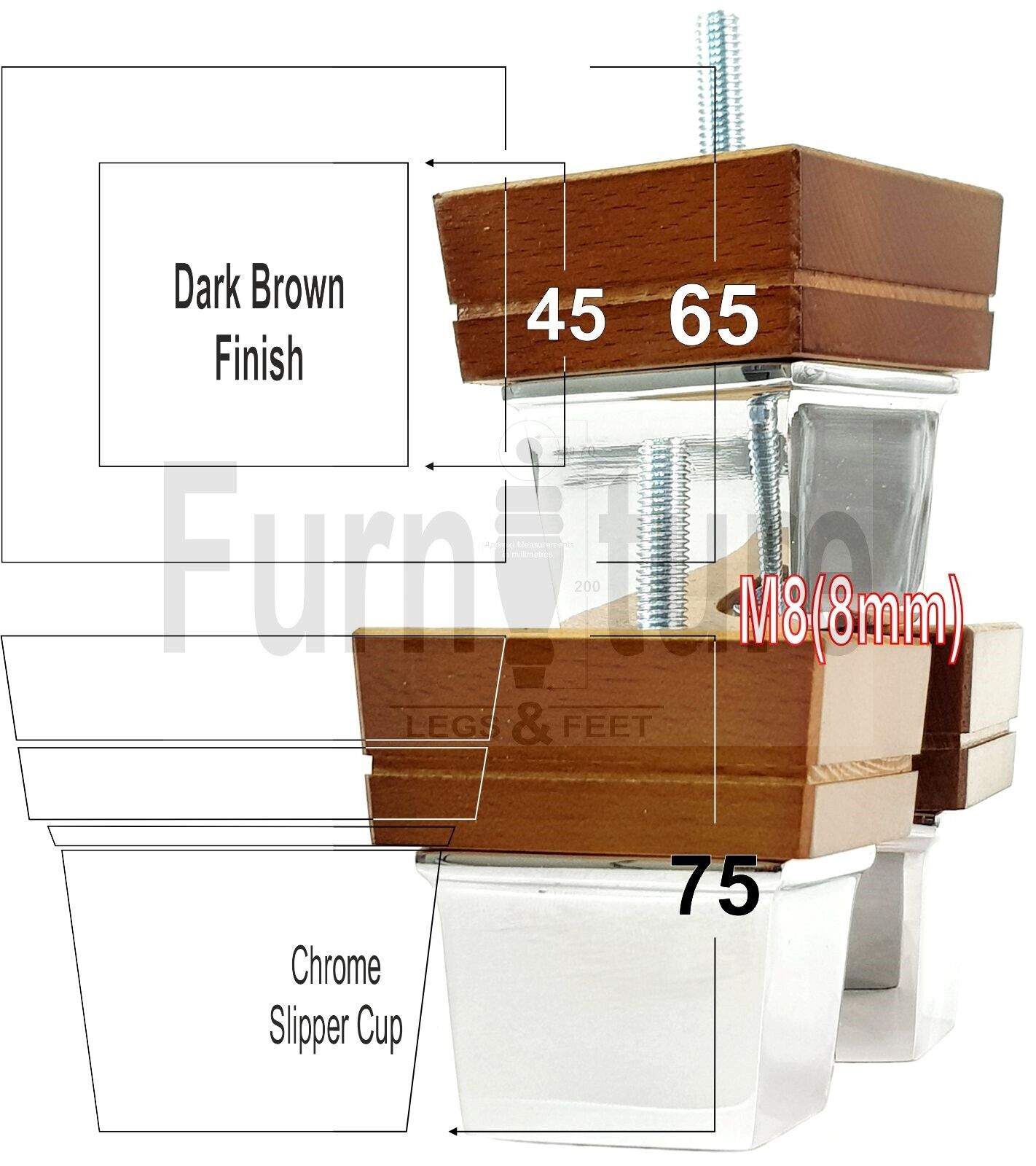 4x Wood Furniture Sofa Legs M8 Replacement Chair Settee Feet & Chrome Metal Slipper Cup 75mm