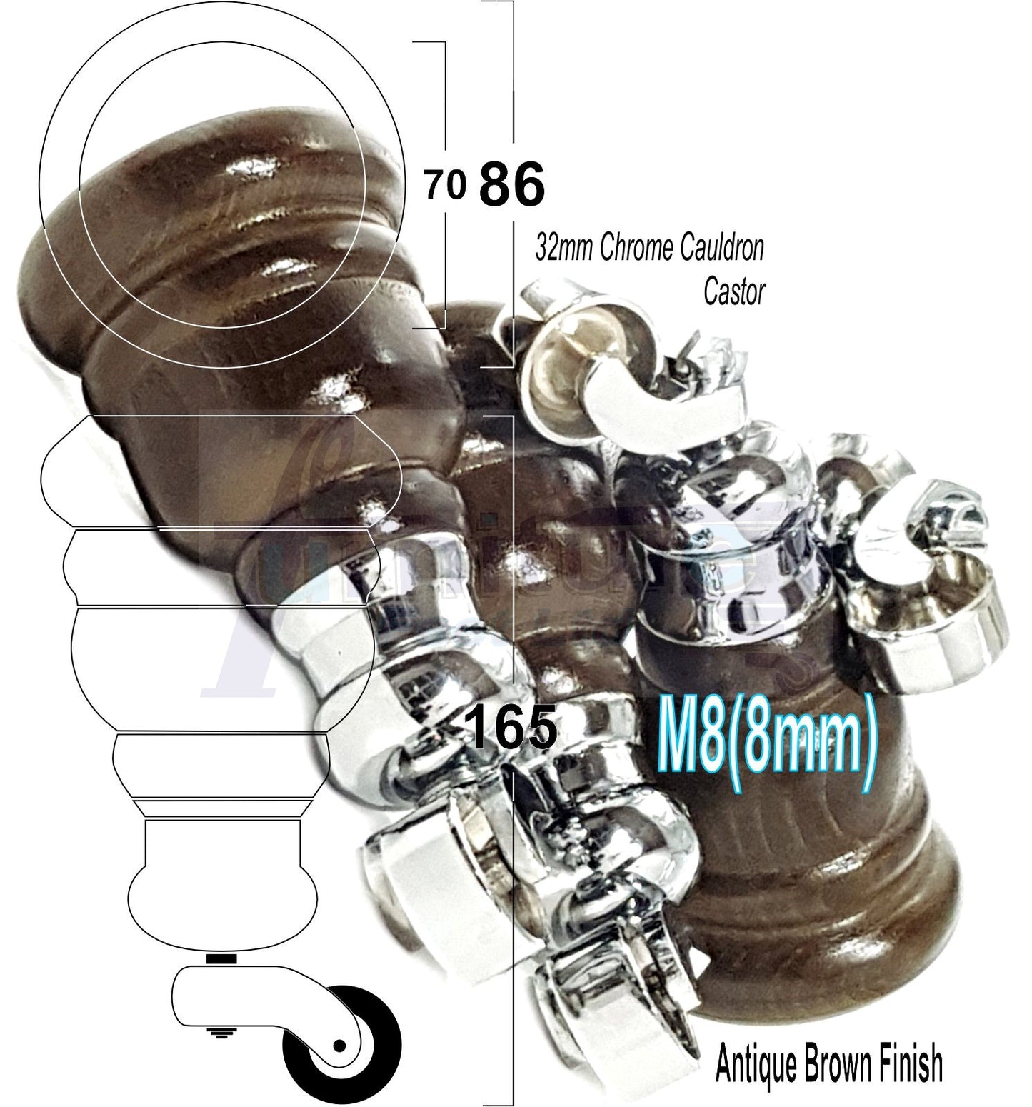 4 Turned Wood Furniture Feet With Chrome Cauldron Castors 155mm Legs Sofas Chairs Stools Cabinets Beds M8 6 Inches