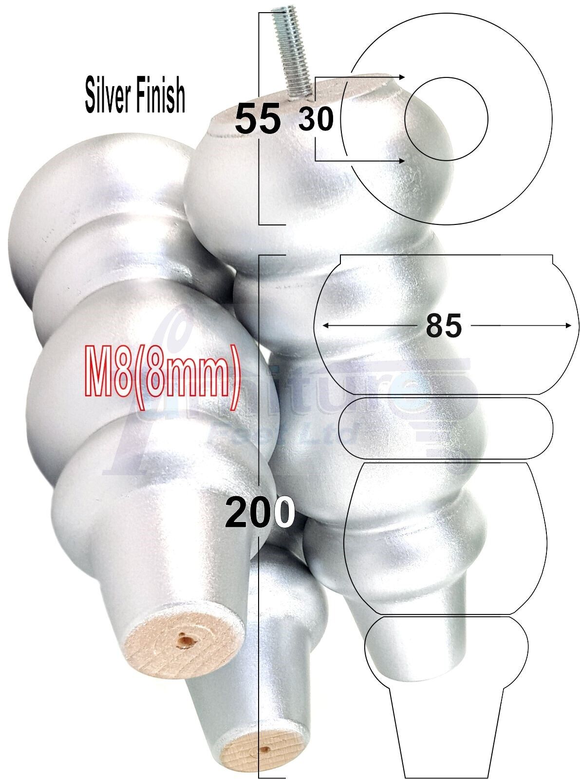 Solid Wood Furniture Feet Replacement Turned Legs 200mm High Chairs Stools Sofa's Beds Settee Cabinets M8 Various Colours Set of 4