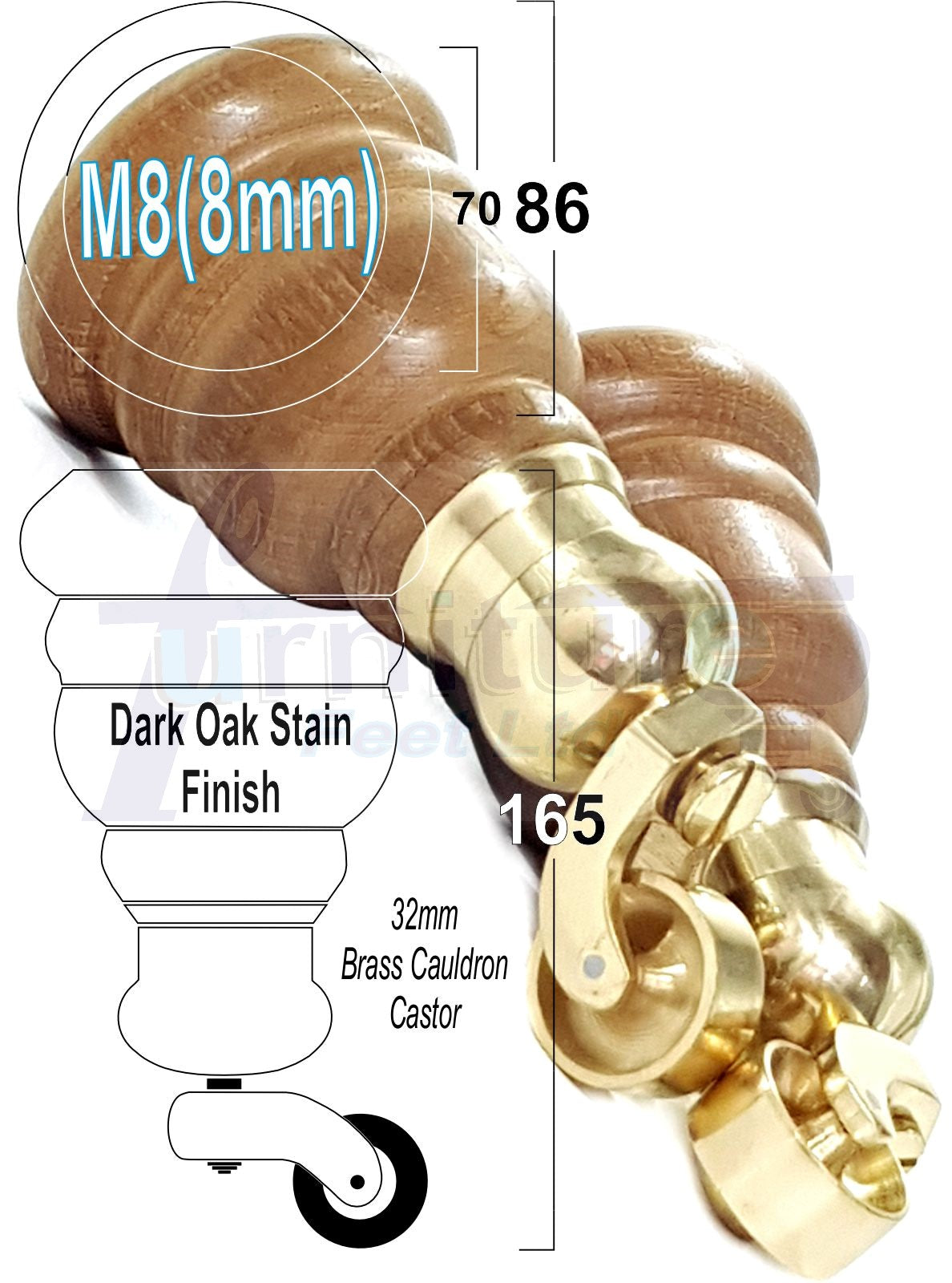 4 Turned Wood Furniture Feet With Brass Cauldron Castors 160mm Legs Sofas Chairs Stools Cabinets Beds M8 6 Inches