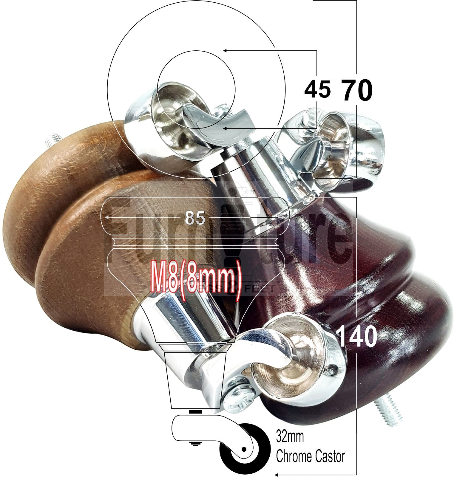 Set Of 4 Turned Furniture Wood Feet With Chrome Castors 140mm Sofas Chairs Settee Cabinets Beds M8(8mm)