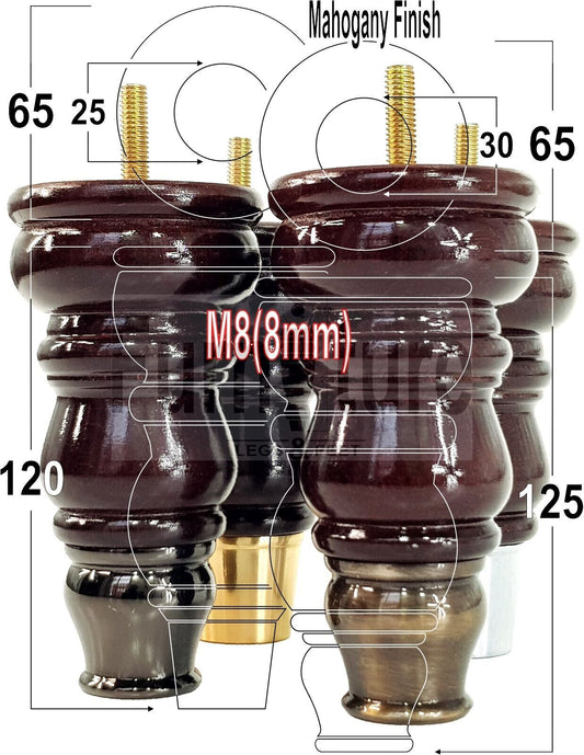 Turned Solid Beech Wood Furniture Legs and Slipper Cup Set of 4 Furniture Replacement Feet 125mm High 8mm Threaded Dowl Fixing
