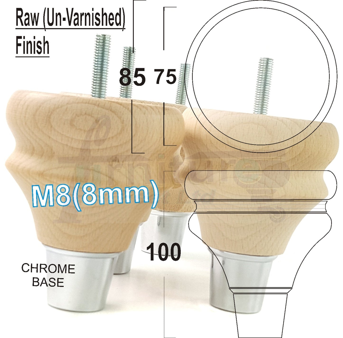 4x Turned Wood Furniture Feet M8(8mm) With A Chrome Slipper Cup Chair Sofa Settee Legs 100mm
