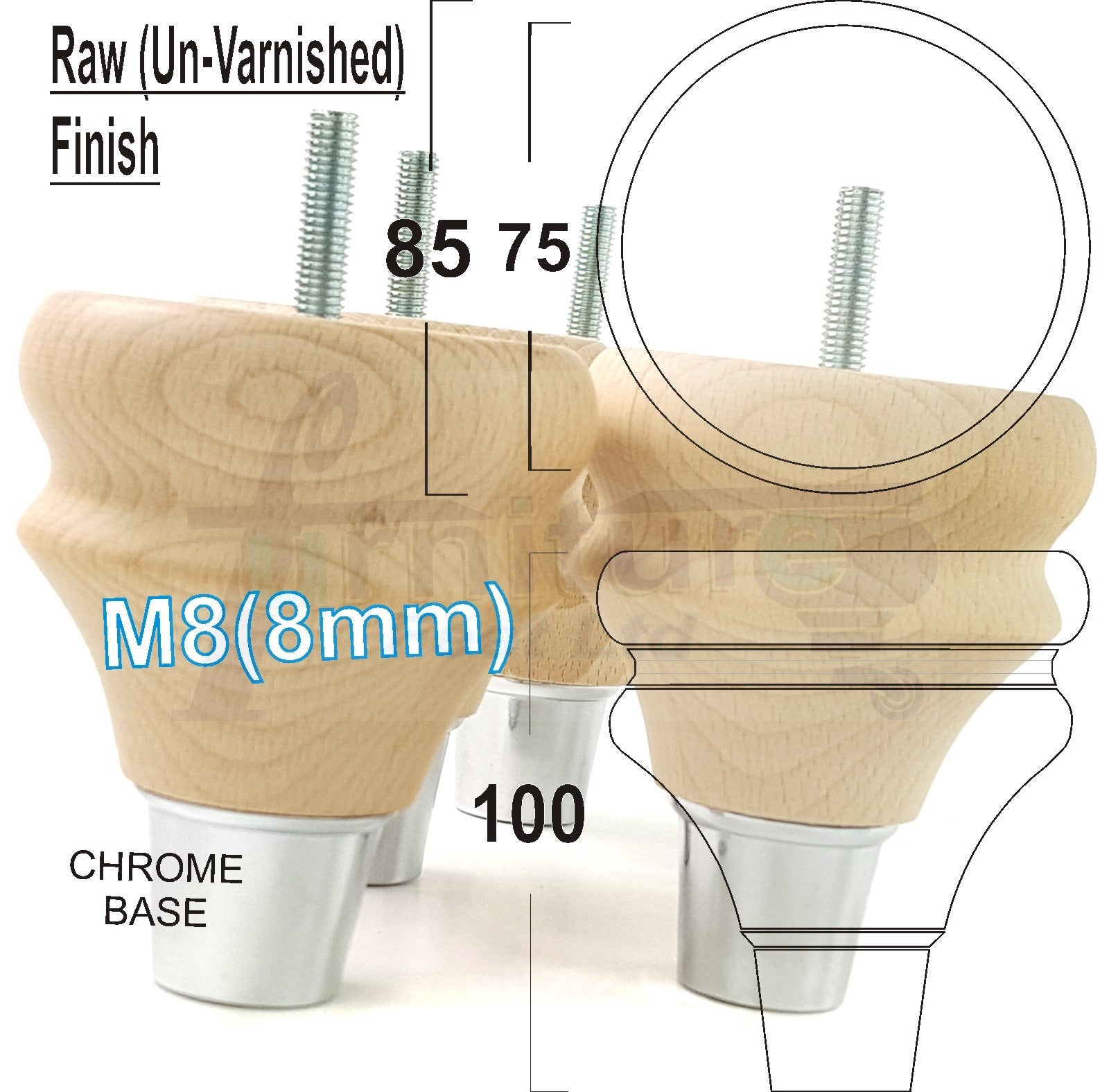 4x Turned Wood Furniture Feet M8(8mm) With A Chrome Slipper Cup Chair Sofa Settee Legs 100mm
