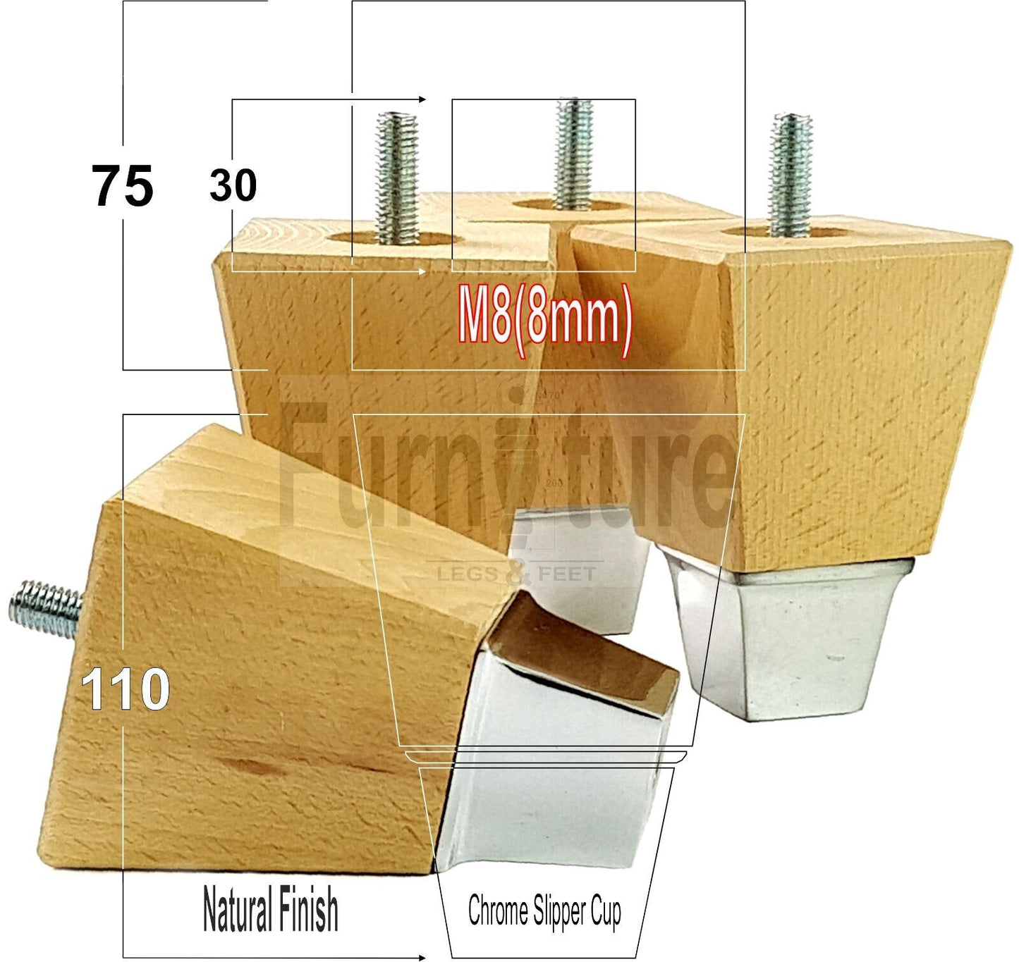 4x Block Wood With A Chrome Slipper Cup Furniture Chair Settee Legs M8 Sofa Feet 110mm
