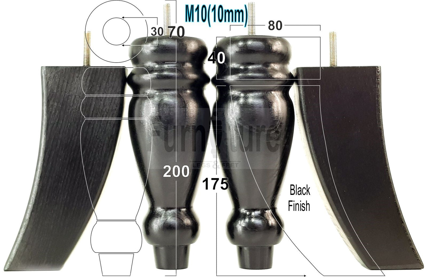 2x Furniture Legs Replacement Sofa Feet 200mm & 2x Curved Legs 175mm for Chairs Sofa Settee M10 Thread