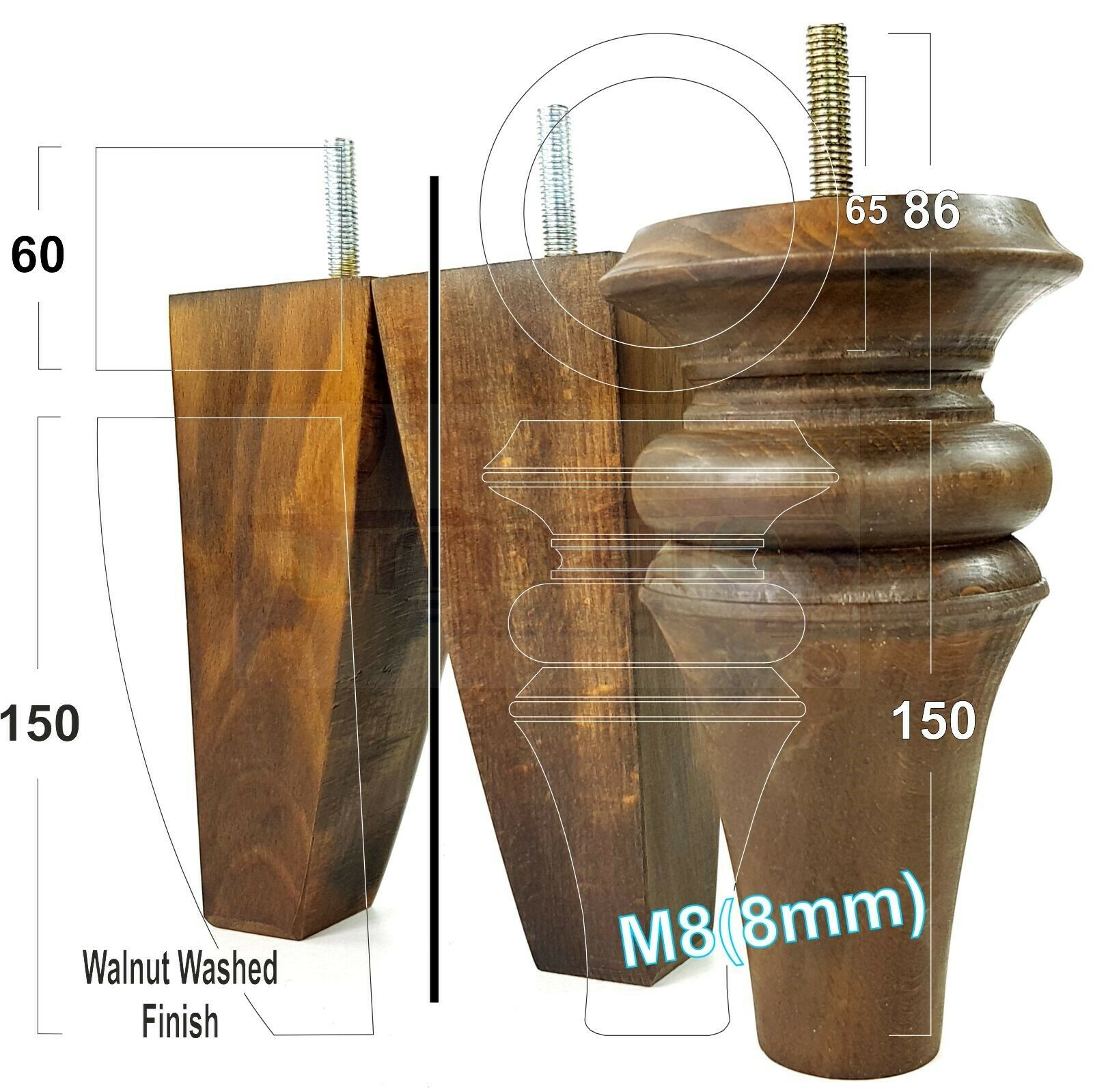 2x Turned & 2x Curved Back Wooden Feet Replacement Furniture Legs 150mm M8(8mm)