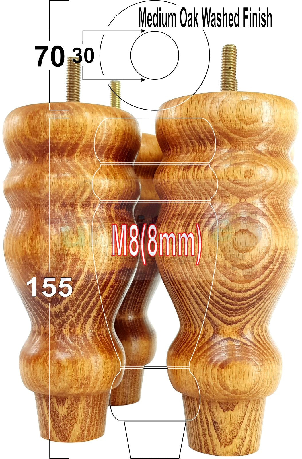 Set Of 4 Turned Wood Furniture Replacement Feet 155mm High 8mm Tread