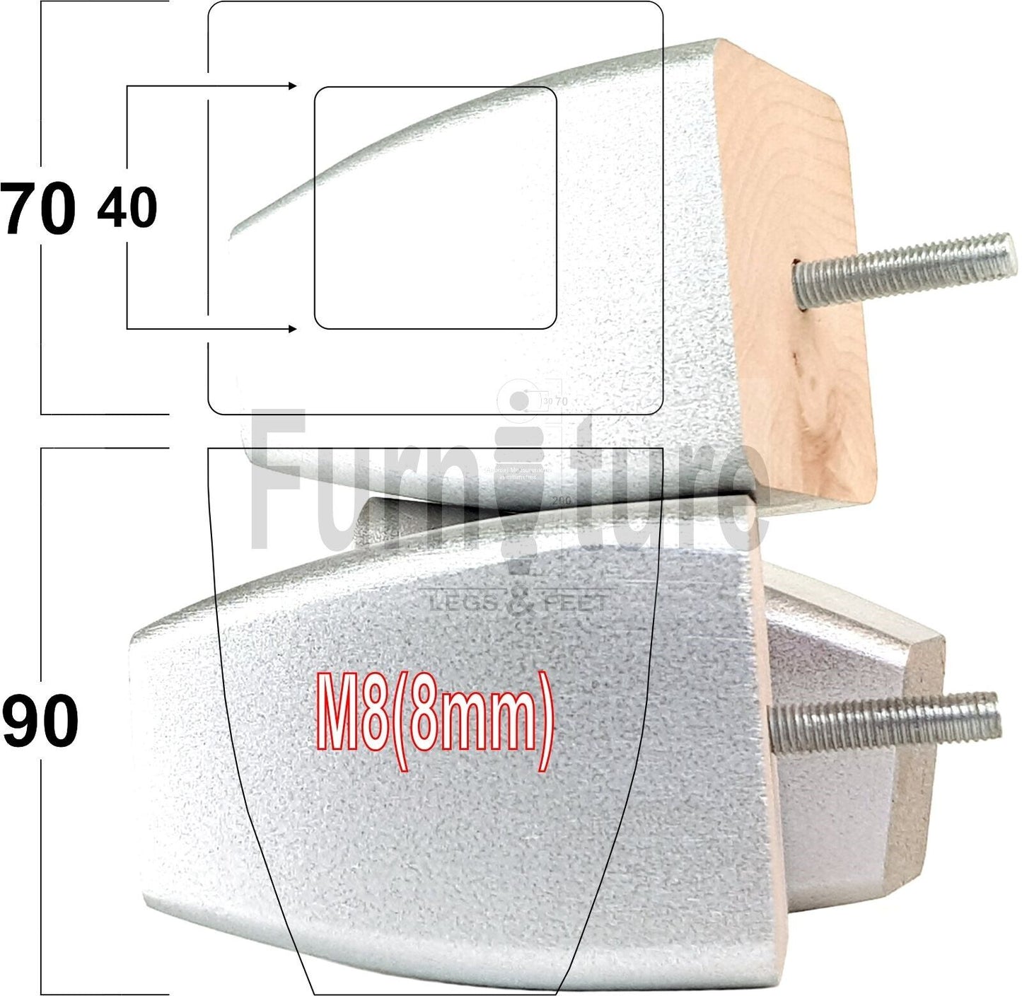 Set Of 4 Solid Wooden Block Furniture Feet Replacement Legs 90mm High M8(8mm)