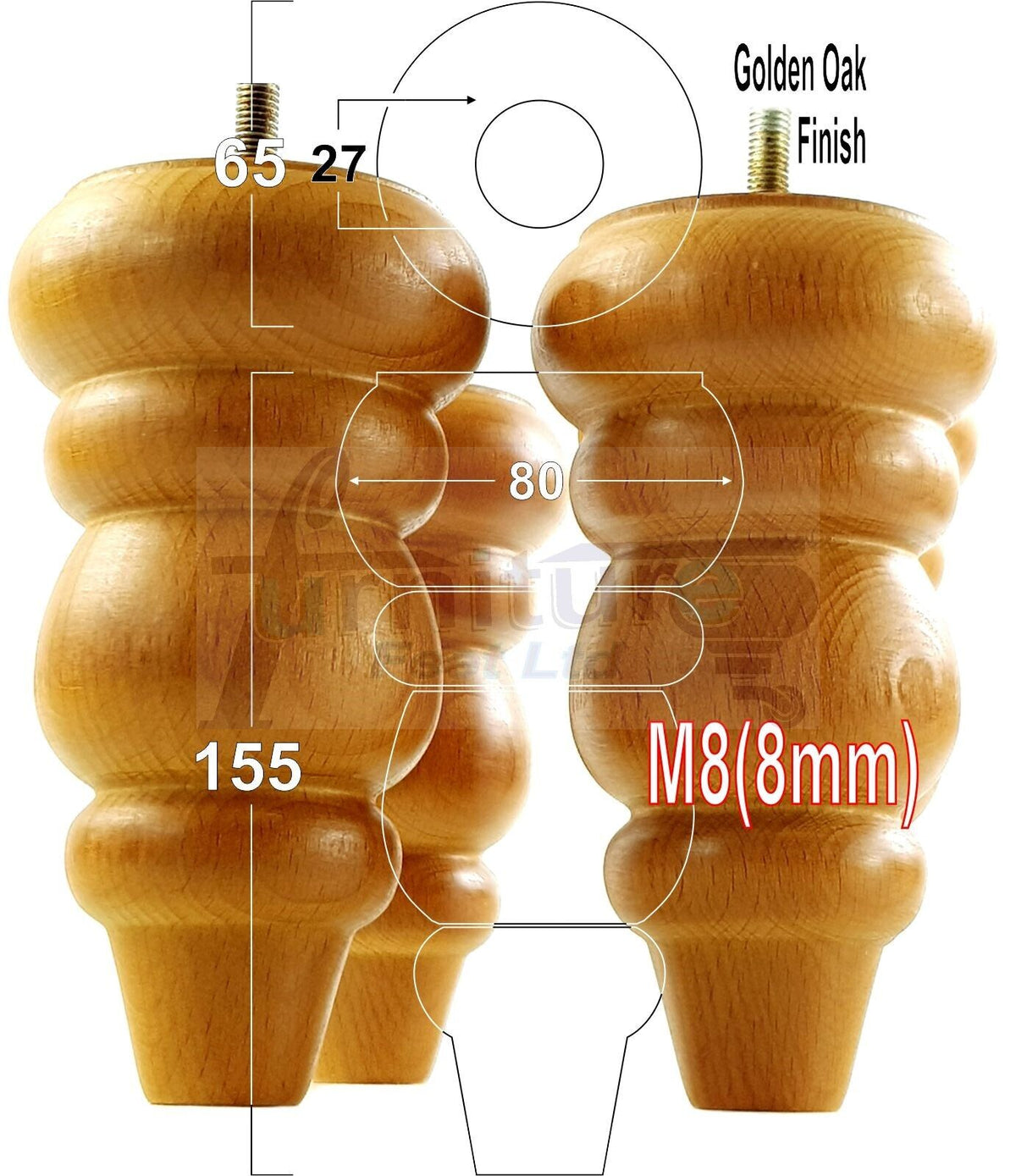4 Solid Wood Turned Furniture Legs Round Repalcement Chair, Settee Feet 155mm 8mm Thread