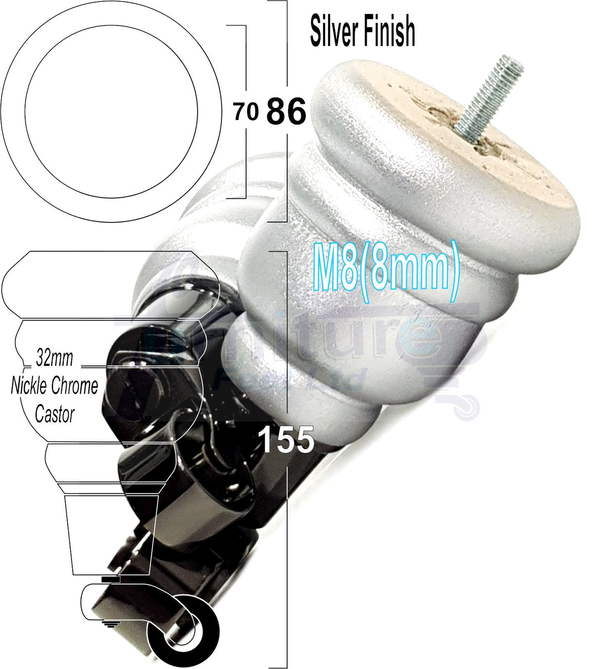4 Turned Wooden Replacement Furniture Legs with Castors 6 Inch 155mm High Sofa Feet M8 Dowl Fixing - Black Castor