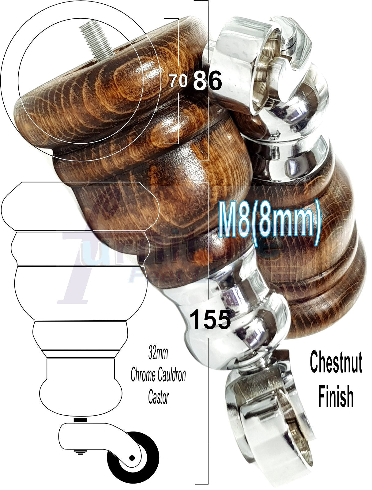 4 Turned Wood Furniture Feet With Chrome Cauldron Castors 155mm Legs Sofas Chairs Stools Cabinets Beds M8 6 Inches