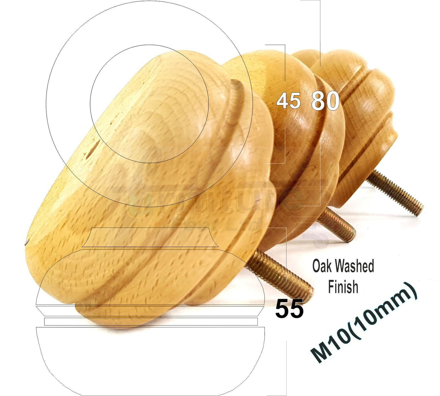 4 Wood Turned Replacement Furniture Legs Sofa, Chair, Settee Feet 55mm High M10 Thread