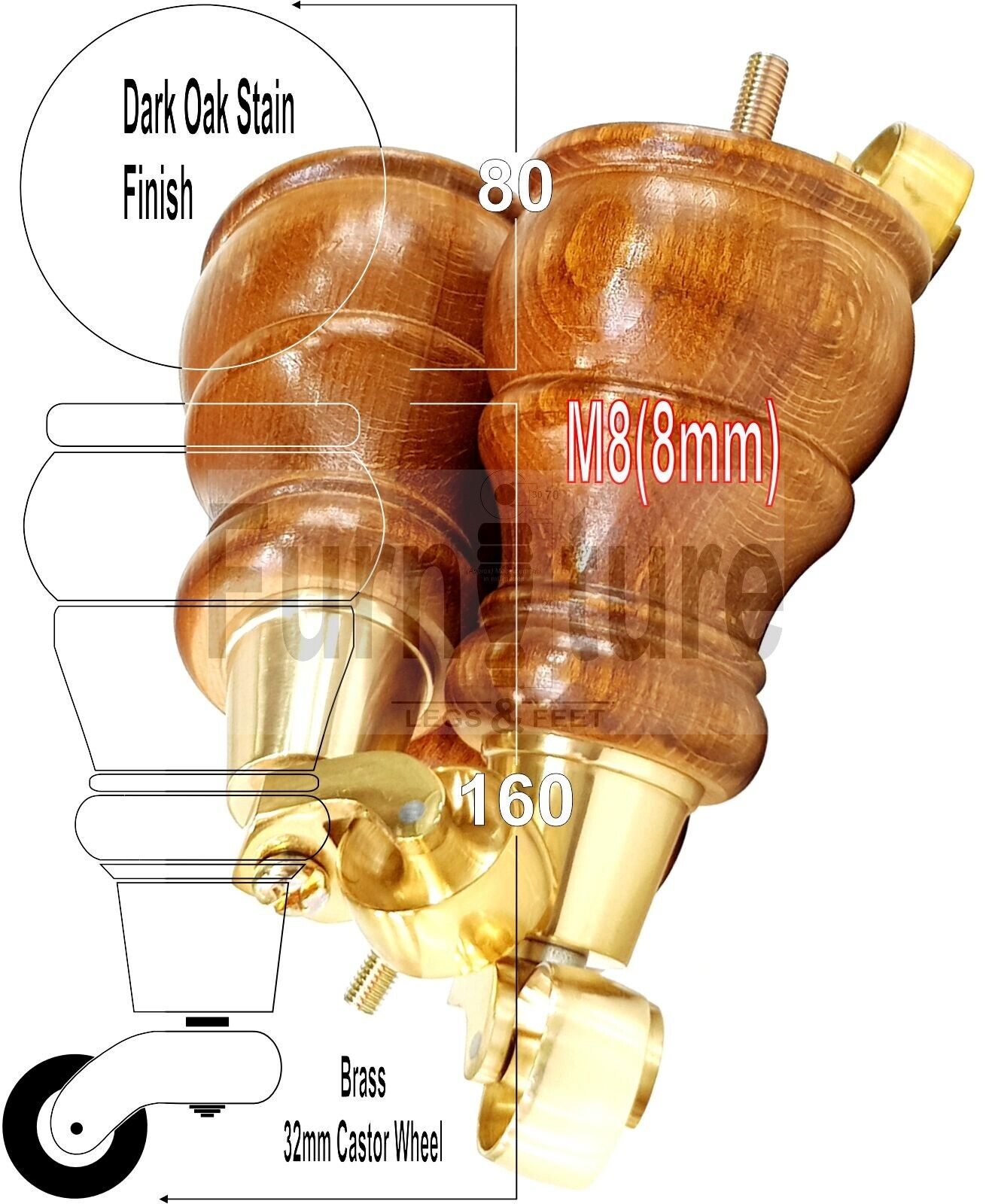 4 Turned Wood Feet Dark Oak Stain Castor Legs Chair Furniture Stools Sofa Chairs M8 160mm 6 Inch High