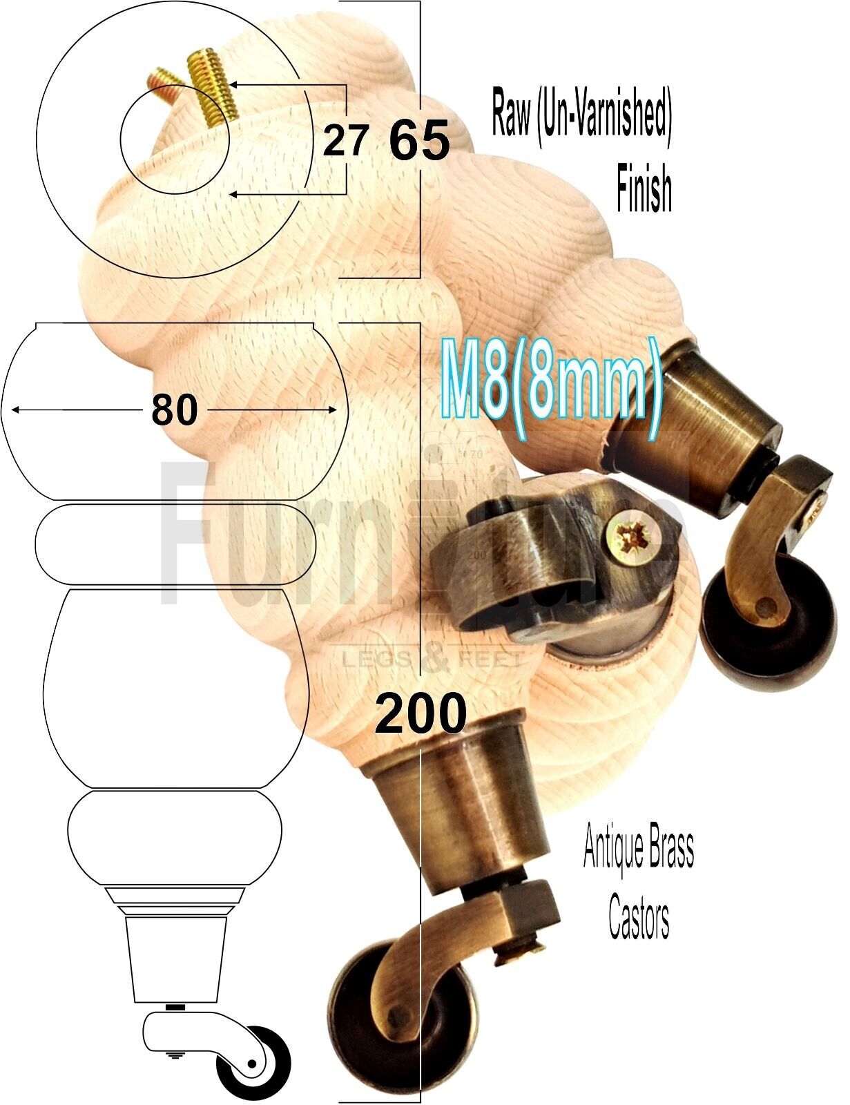 4x Turned Solid Wood Furniture Legs Replacement Feet 200mm High 8mm Thread
