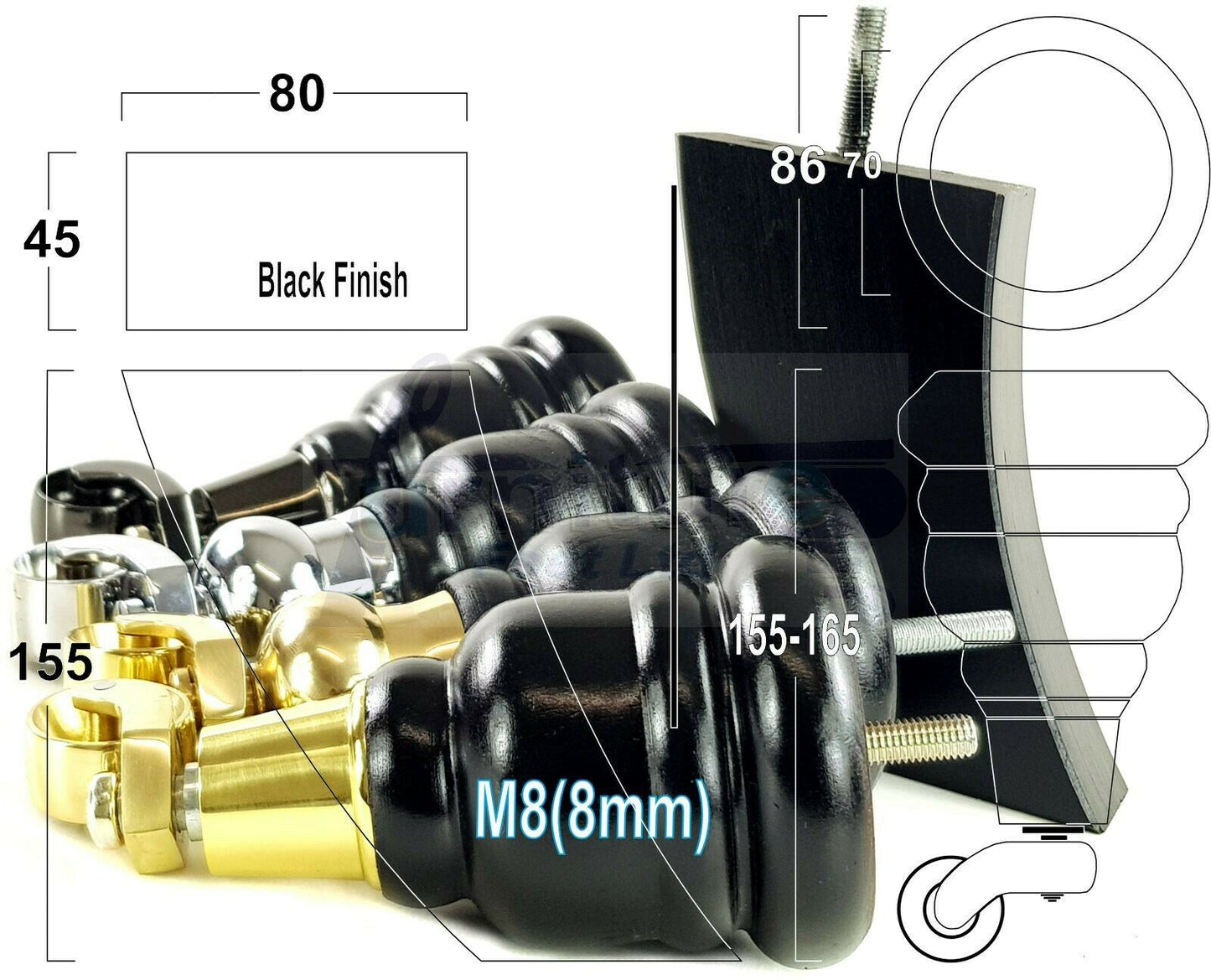 Black Turned Wood Furniture Feet 2 With Castors 155mm and 2 Curved Back Legs Sofas Chairs Stools Cabinets Beds M8 6 Inches
