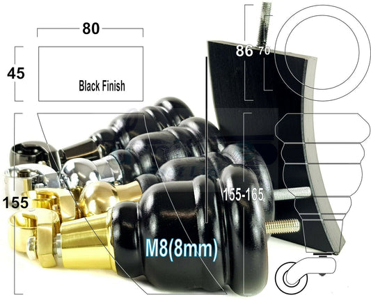 Black Turned Wood Furniture Feet 2 With Castors 155mm and 2 Curved Back Legs Sofas Chairs Stools Cabinets Beds M8 6 Inches