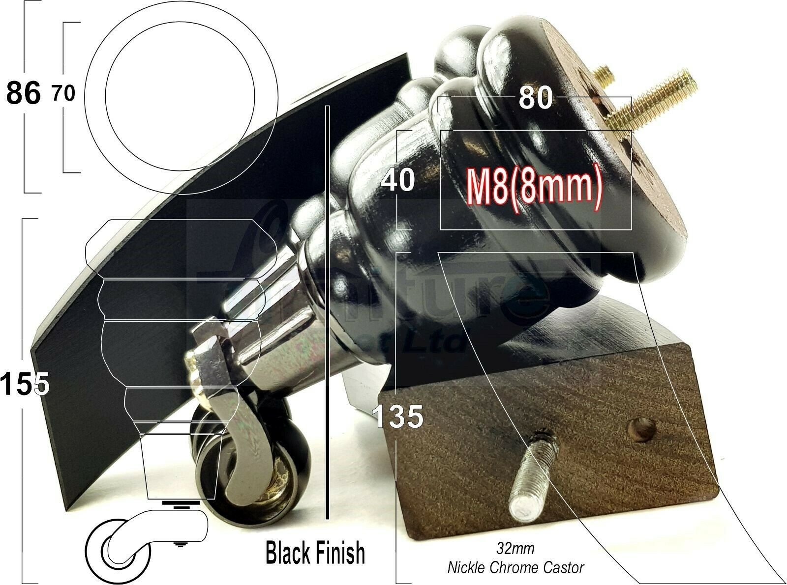 Black Turned Wood Furniture Feet 2 With Castors 155mm and 2 Curved Back Legs Sofas Chairs Stools Cabinets Beds M8 6 Inches