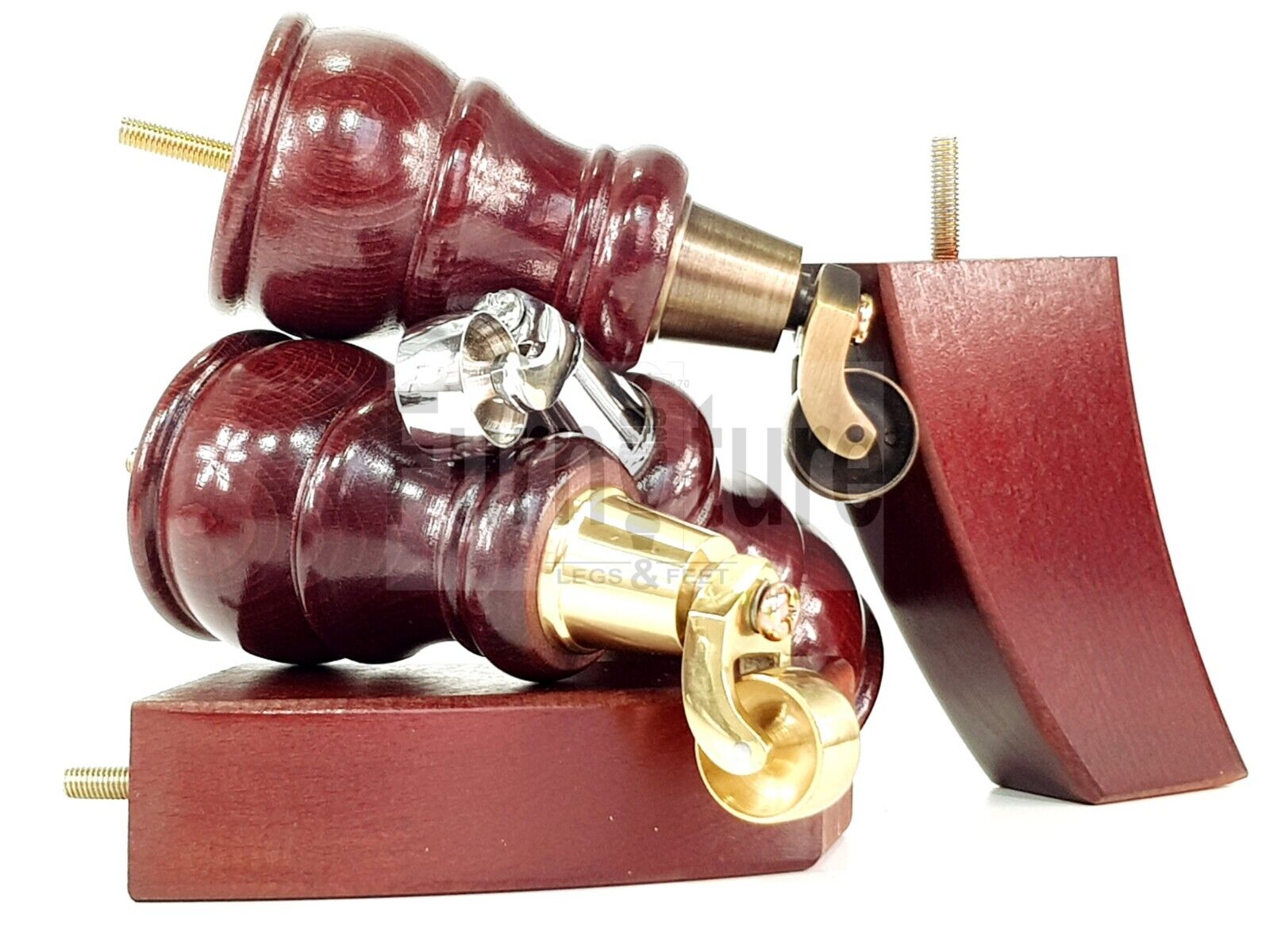 2 Wooden Castor Furniture Sofa Legs & 2 Curved Back Feet  Mahogany M8 Chair Settee Feet 160mm High