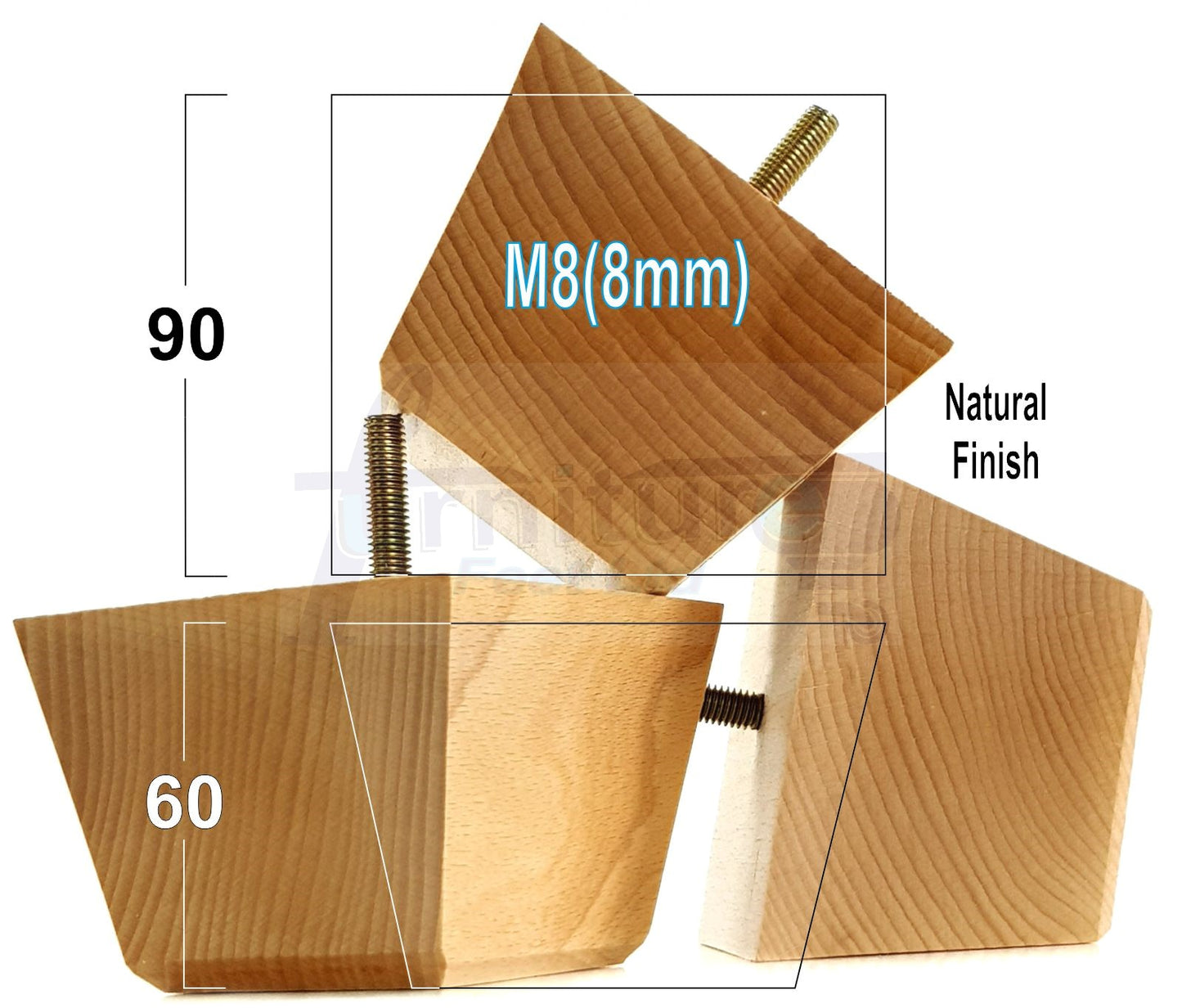 4x Square Wood Sofa Legs 60mm High Replacement Furniture Feet Chairs Cabinets M8 