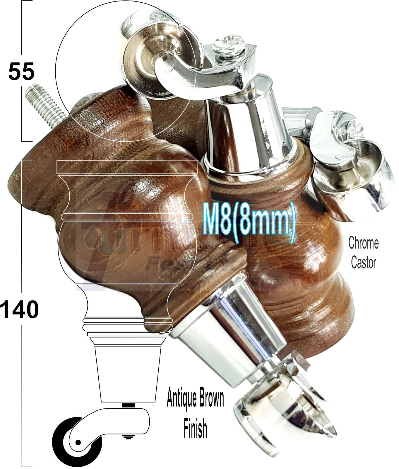 Set Of 4 Turned Wood Furniture Legs With 140mm High Castor 8mm Thread For Chairs Settees & Cabinets Antique Brown